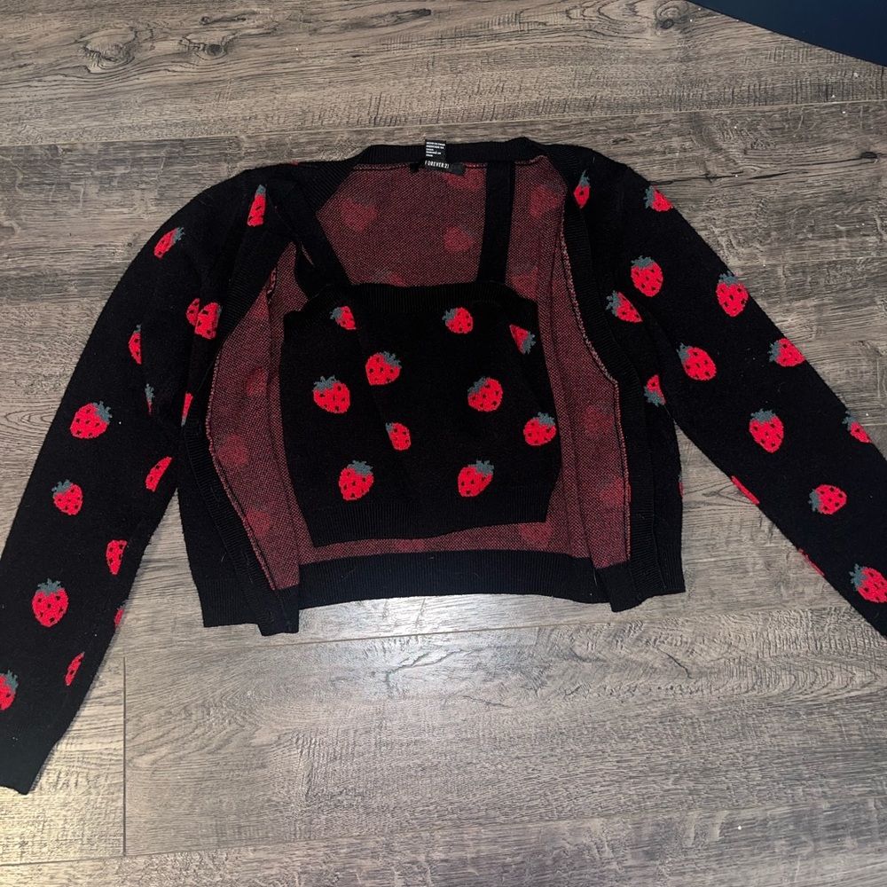 Strawberry Patterned Black Sweater Set